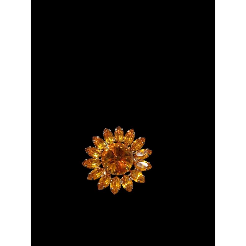 Vintage MCM amber floral sun brooch rhinestones gold tone starburst costume 3 cm